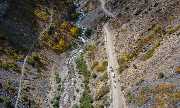 Aerial view of Sadpara Gol valley featuring a winding dirt road a flowing stream and rugged mountain terrain in Skardu Gilgit Pakistan.