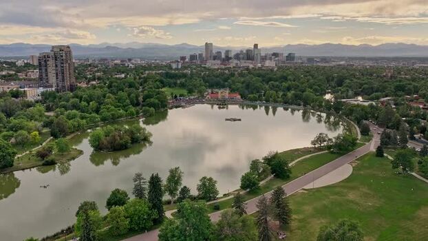 Aerial view of Denver City Park and skyline United States.
