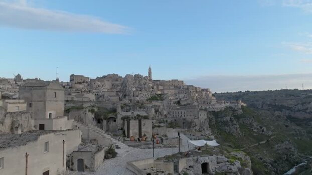 Aerial view of Matera historic stone buildings Italy.