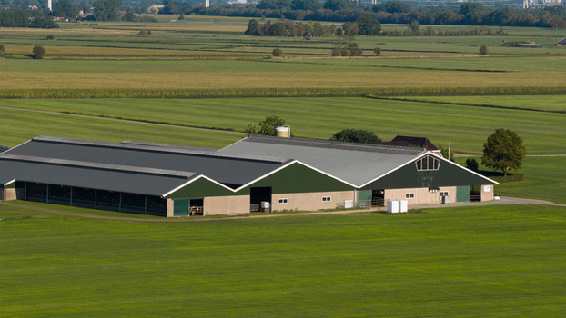 Aerial view of a large modern farm building with green roofs and concrete walls situated in the middle of expansive green agricultural fields in Groningen Groningen Netherlands. Aerial view of a large modern farm building with green roofs and concrete walls situated in the middle of expansive green agricultural fields in Groningen Groningen Netherlands.