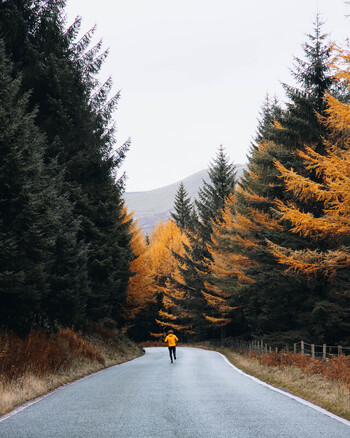Glossop United Kingdom 03 November 2021 View of a runner in a yellow jacket on Snake Pass surrounded by autumn trees and mountain scenery.
