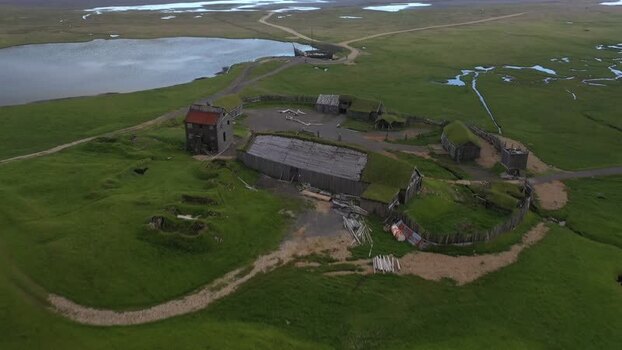 Aerial view of Viking village film set at Stokksnes Iceland.