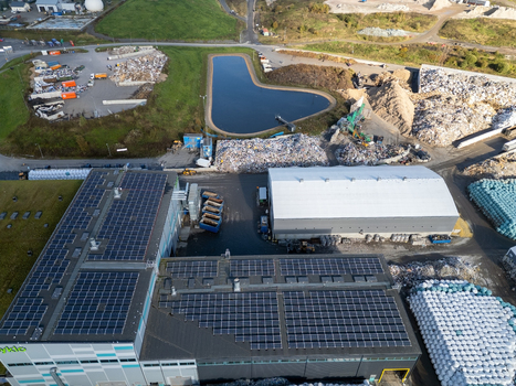 Oulu Pohjois Pohjanmaa Finland 25 September 2026 Aerial view of Rusko waste center with industrial buildings solar panels a retention pond and sorted waste materials. Oulu Pohjois Pohjanmaa Finland 25 September 2026 Aerial view of Rusko waste center with industrial buildings solar panels a retention pond and sorted waste materials.