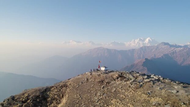 Aerial view of Shri Tungnath Temple on a mountain peak India.