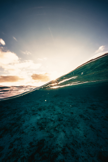 View of the split level underwater and surface perspective of the ocean at sunset with clear turquoise water and a bright sun on the horizon in Cook Islands. View of the split level underwater and surface perspective of the ocean at sunset with clear turquoise water and a bright sun on the horizon in Cook Islands.