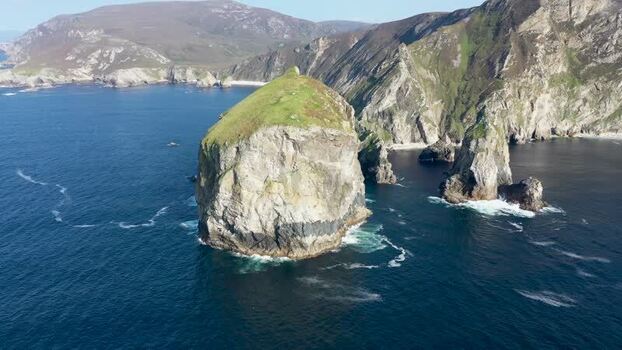 Aerial view of Tormore Island sea stack in County Donegal Ireland.