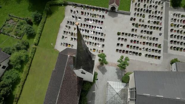 Aerial view of church and cemetery Liechtenstein.