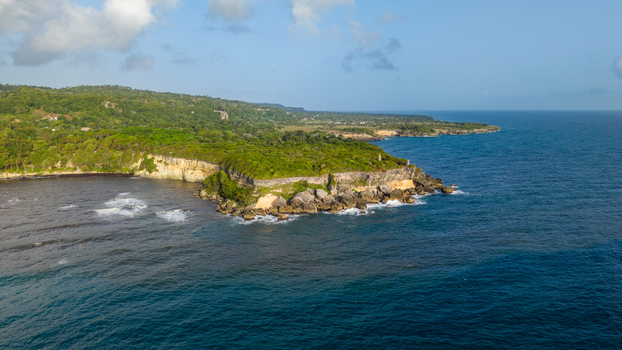 Aerial view of Cabo Frances Viejo featuring lush green cliffs rocky coastline and deep blue ocean waters under a clear sky in Cabrera Maria Trinidad Sanchez Dominican Republic.