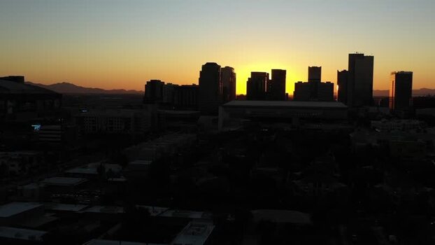 Aerial view of the Phoenix skyline at sunset United States.