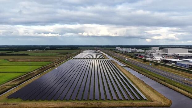 Aerial view of solar farm in Heerenveen Netherlands.