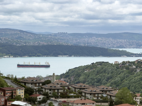 View of a large cargo ship sailing on the Bosphorus strait with residential buildings and lush green hills in Sariyer Istanbul Turkey.