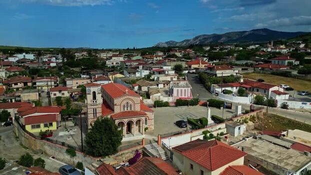 Aerial view of a Greek Orthodox church in a village Greece.
