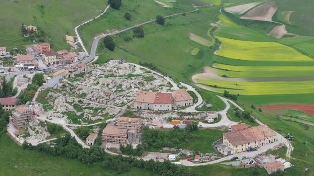 Aerial view of Castelluccio village ruins Italy.