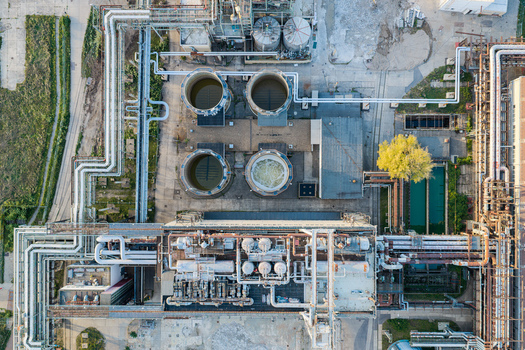 Aerial view of the Heizkraftwerk Klingenberg combined heat and power plant showcasing industrial infrastructure cooling towers and complex piping networks in Berlin Berlin Germany. Aerial view of the Heizkraftwerk Klingenberg combined heat and power plant showcasing industrial infrastructure cooling towers and complex piping networks in Berlin Berlin Germany.