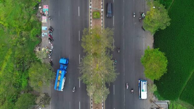 Aerial view of road traffic in Mataram Indonesia.