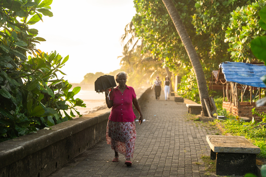 Sri Lanka 25 January 2026 View of an elderly woman in a pink shirt walking along a coastal promenade lined with palm trees and lush greenery while carrying an umbrella.