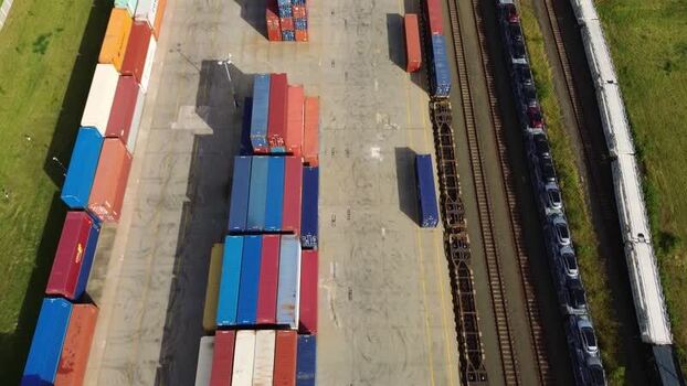Aerial view of freight train terminal in Nosovice Czechia.
