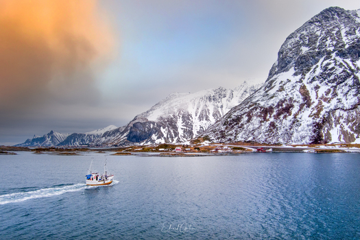 Aerial view of a fishing boat navigating the calm waters of a fjord in Lofoten surrounded by snow capped mountains under a dramatic sky in Nordland Norway.