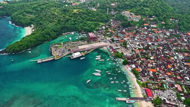 Aerial view of Padangbai harbor in Bali Indonesia.