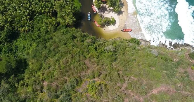Aerial view of Cepe beach and boats in a cove Venezuela.