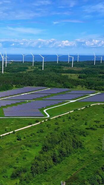 Aerial view of solar farm and wind turbines in Estonia. Aerial view of solar farm and wind turbines in Estonia.