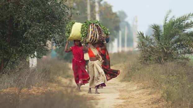 View of women carrying bundles on their heads in Patna India.