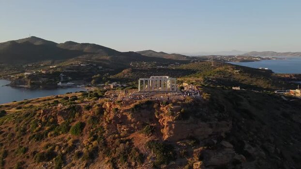 Aerial view of the Temple of Poseidon at Cape Sounion Greece.
