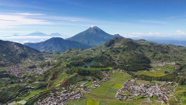 Aerial view of Dieng Plateau and Mount Sindoro Indonesia.