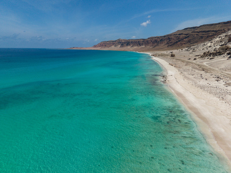 Aerial view of where turquoise waters meet the arid coastline under a clear sky creating a stunning contrast of colors and textures Erissel Socotra Yemen.