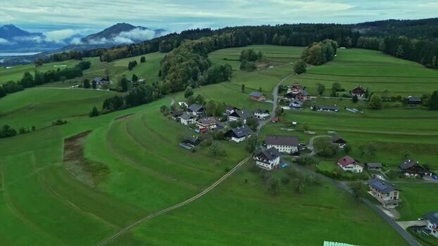 Aerial view of a rural village near Attersee Austria.