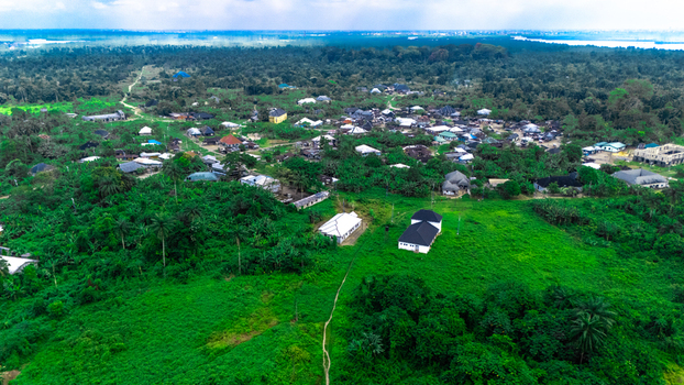 Aerial view of the settlement of Bukuma featuring scattered houses lush green vegetation palm trees and dirt paths in the rural landscape of Buguma Rivers Nigeria.