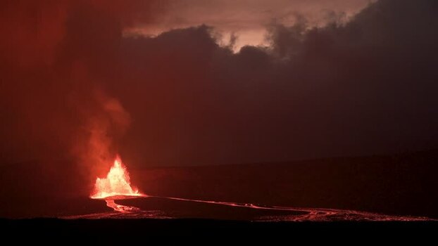 View of a volcanic eruption and lava flow United States.