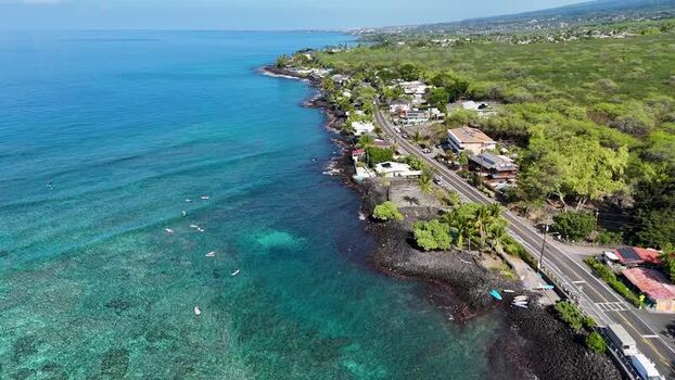 Aerial view of Kahaluu Beach Park and the coastline in Hawaii United States.