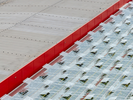 Aerial view of a large greenhouse farm with a distinctive red wall and glass roof structures in Poland. Aerial view of a large greenhouse farm with a distinctive red wall and glass roof structures in Poland.