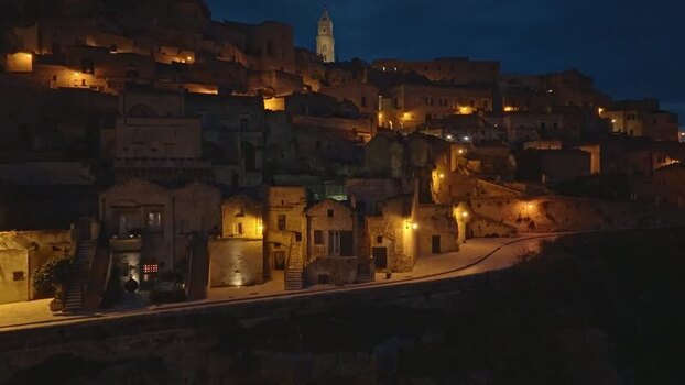 Aerial view of Sassi di Matera at night Italy.
