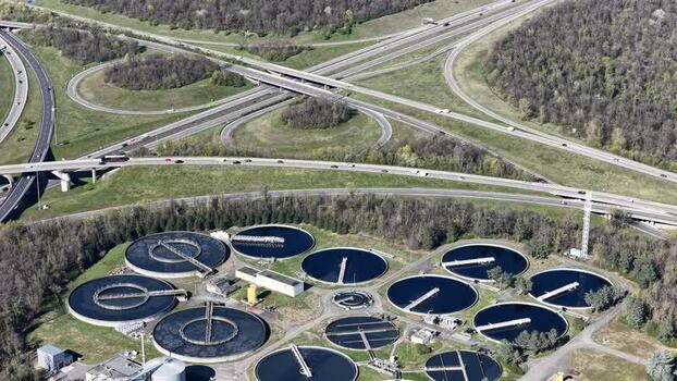 Aerial view of water treatment plant France.