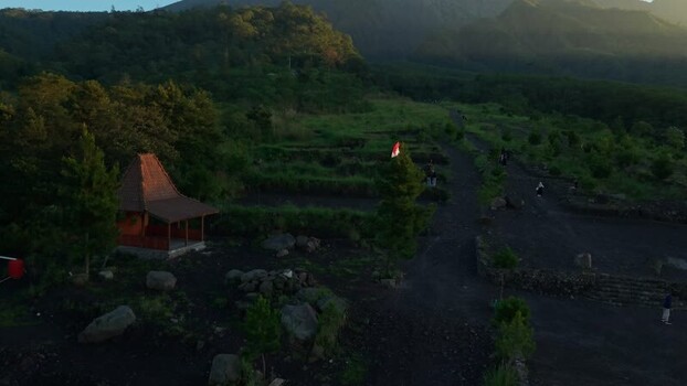 Aerial view of Bunker Kaliadem Merapi and joglo house Indonesia.