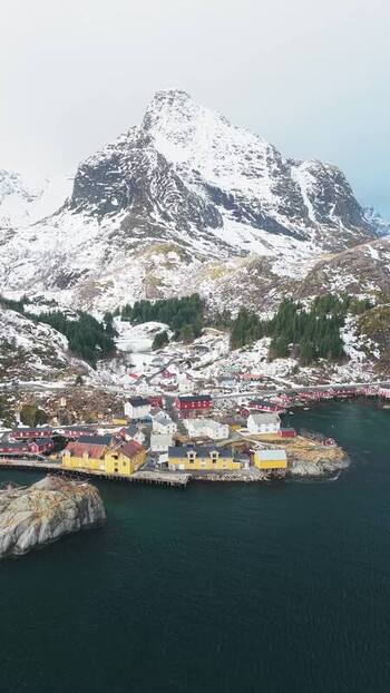 Aerial view of Nusfjord fishing village Norway.