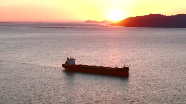 Aerial view of cargo ship on Columbia River United States.