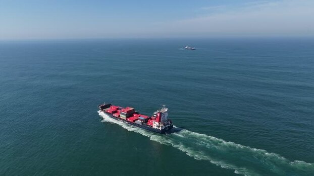 Aerial view of cargo ship on water Portugal.