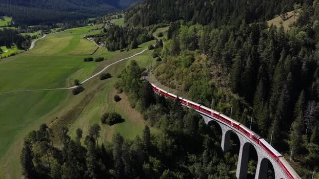 Aerial view of Glacier Express on Landwasser Viaduct Switzerland.