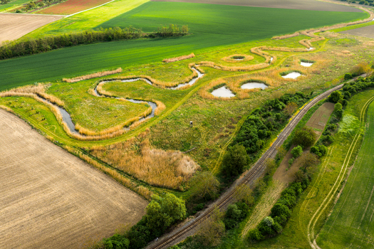 Aerial view of a meandering stream winding through lush green fields and agricultural land with a railway track running alongside in Cejkovice South Moravian Region Czechia.