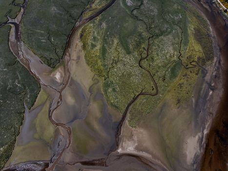 Aerial view of the winding tidal channels and salt marshes of Findhorn Bay with intricate water patterns and sandy banks Findhorn Scotland United Kingdom. Aerial view of the winding tidal channels and salt marshes of Findhorn Bay with intricate water patterns and sandy banks Findhorn Scotland United Kingdom.