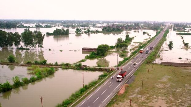Aerial view of flooded road in Lucknow India.