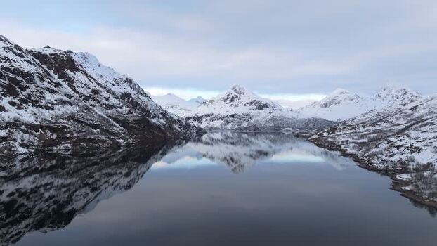 Aerial view of Lofoten mountains and fjord in Norway.