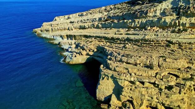 Aerial view of limestone cliffs and sea caves in Crete Greece.