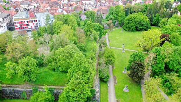 Aerial view of Stadtpark with lush green trees walking paths and historic rooftops in Forchheim Bayern Germany. Aerial view of Stadtpark with lush green trees walking paths and historic rooftops in Forchheim Bayern Germany.