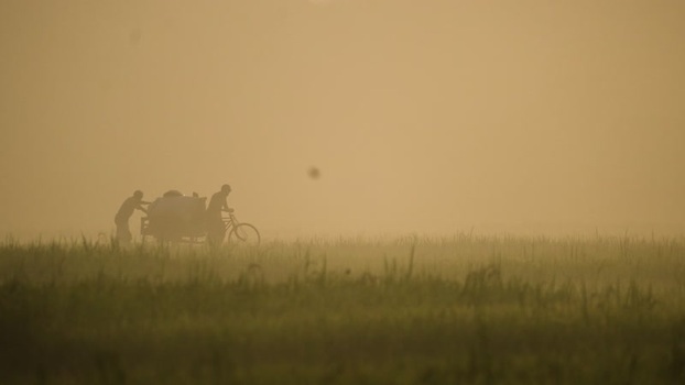 View of men with a bicycle in a misty field in Bogura Bangladesh.