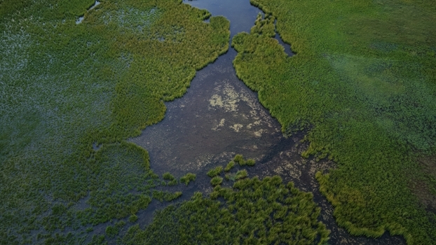 Aerial view of the lush wetlands and winding water channels of Song Kul surrounded by vibrant green grasses in Naryn Region Kyrgyzstan. Aerial view of the lush wetlands and winding water channels of Song Kul surrounded by vibrant green grasses in Naryn Region Kyrgyzstan.