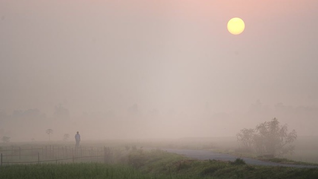 View of a person walking in thick morning fog Bangladesh. View of a person walking in thick morning fog Bangladesh.